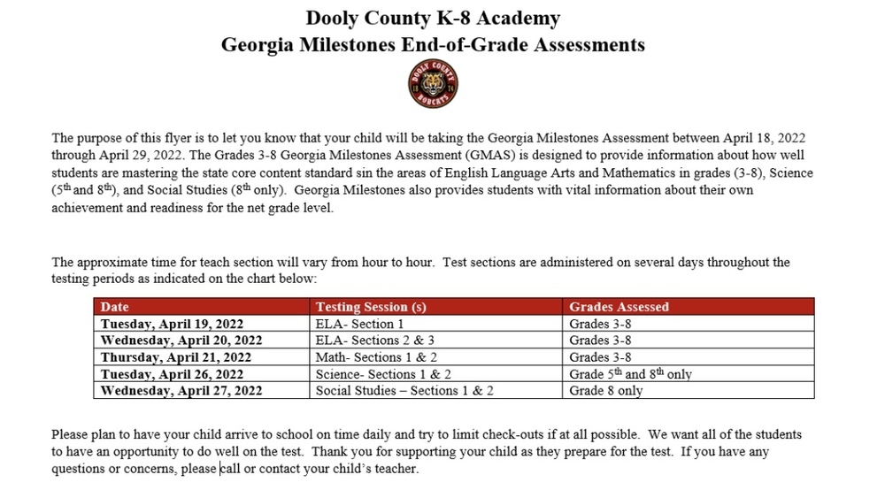 Dooly County K-8 Academy Georgia Milestones End-of-Grade Assessments Schedule