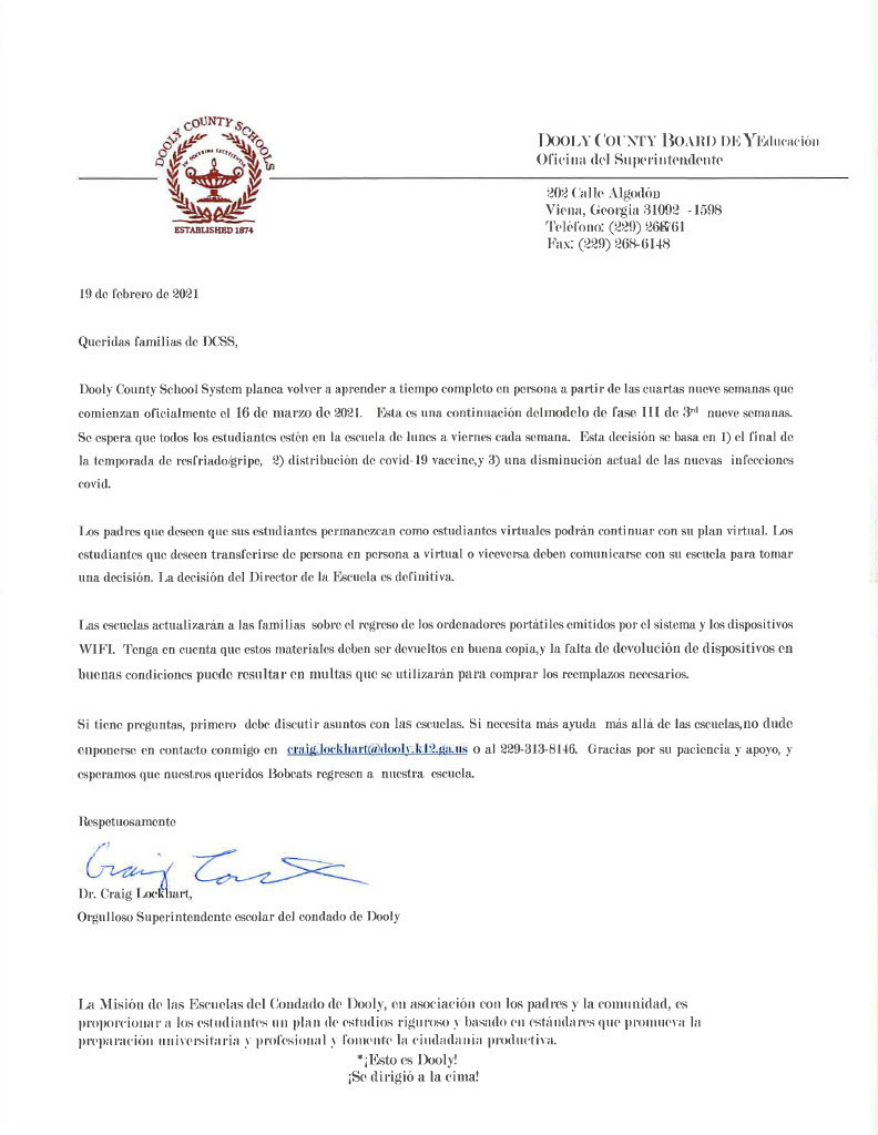 Phase IV: Letter to Parents-Spanish