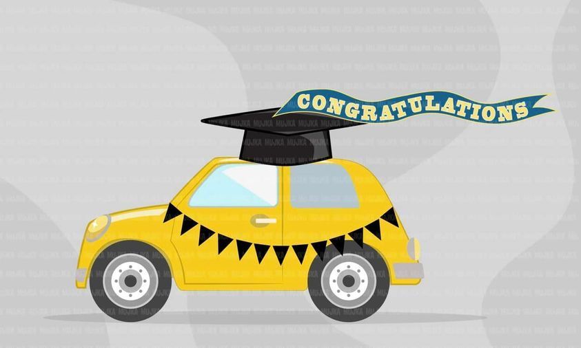 graphic of yellow car with graduate cap and banner reading "Congratulations"
